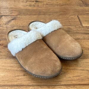 Sorel Naniska Slide II Slippers in Camel Brown Suede Natural Faux Fur Size 8